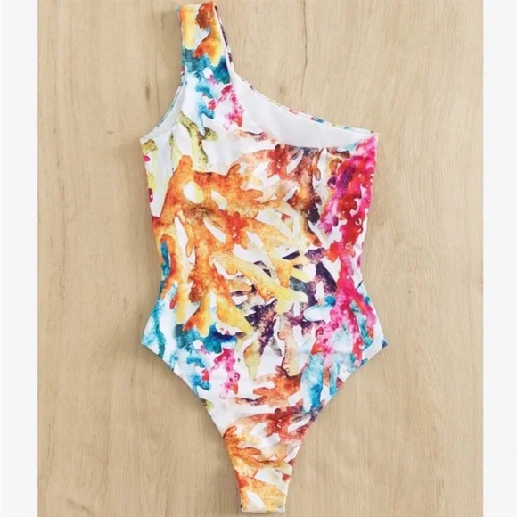 Boho Plus Size Watercolor Print One Shoulder Monokini One Piece Beach Swimsuit - Picture 8 of 10